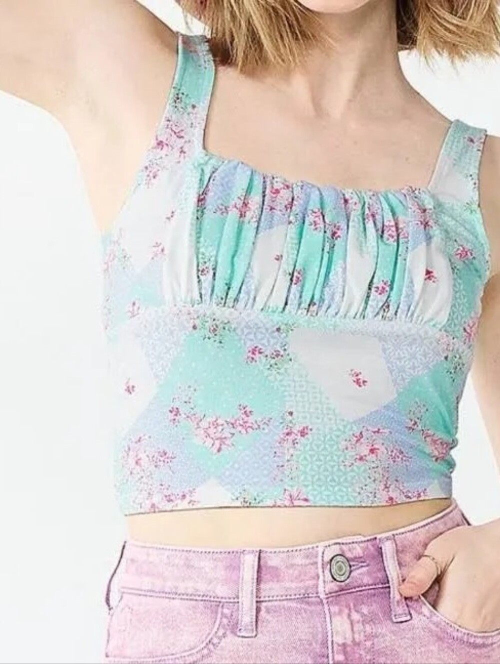 SO Mint Green & White Floral Patchwork Crop Tank